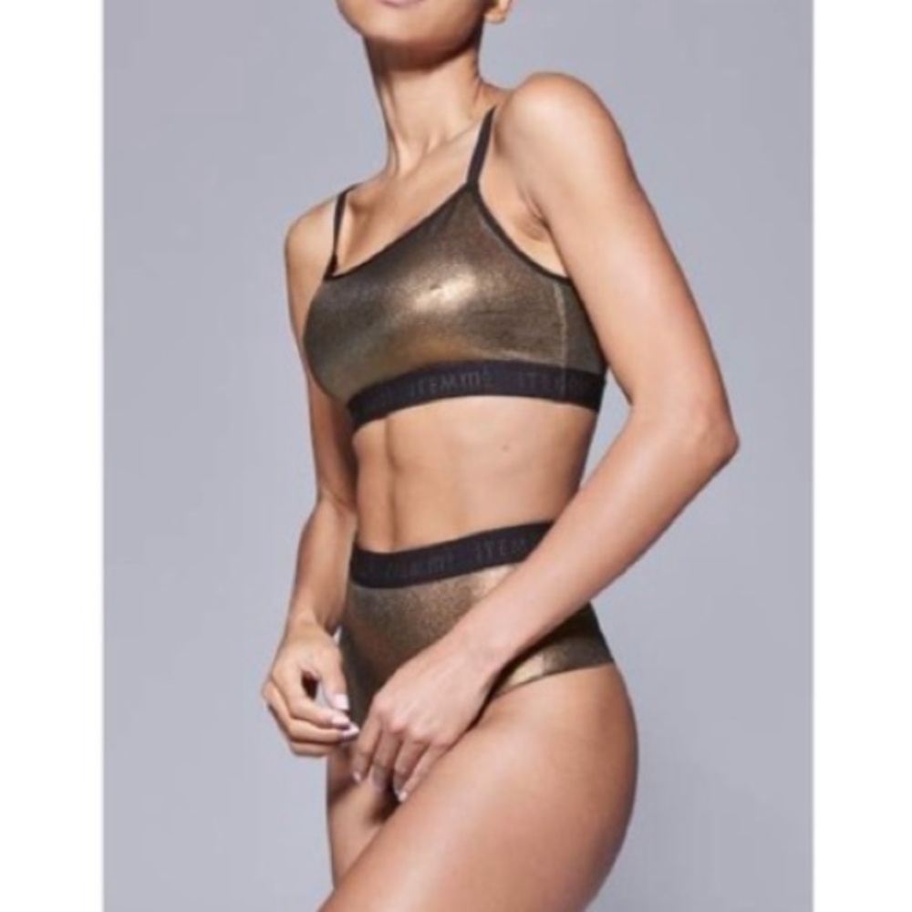 NWT ITEM M6 Metallic power mesh lingerie set in golden black Brazilian Cut SMALL